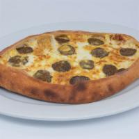 Turkish Sausage Pide · Thick dough stuffed with mozzarella cheese, Turkish sausage and eggs. Baked in a brick oven....