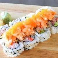 Dancing Shrimp · California roll top with spicy shrimp，served with spicy mayo and eel sauce. Eight pieces.
