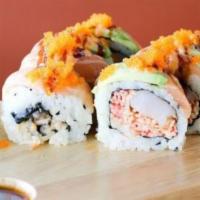 Quickway Roll · Spicy crab and shrimp roll inside top with sliced raw salmon, and avocado.Served with spicy ...