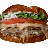 Double Dakota Turkey · Two grilled turkey patties, Spicy grilled onions, aged cheddar, swiss, lettuce, tomato & may...