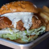 Chomp Hot Chicken · Southern fried chicken, Chomp hot chicken sauce, buttermilk ranch, dill pickles, shredded ic...