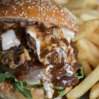 Mushroom Steakhouse Burger · Beef Patty, cheddar cheese, bacon, tempura fried sherry mushrooms, house steak sauce, briske...