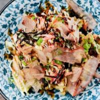 Okonomiyaki · chasu, kewpie mayo, plum eel sauce, katsuobushi, scallion and nori