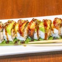 Dragon Roll · California roll topped with eel avocado, and eel sauce.