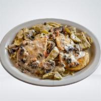 Chicken Piccata · Fettuccine pasta topped with sauteed chicken,. mushrooms, artichokes and capers topped with ...