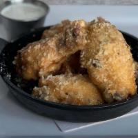 Wings · wings served with choice of sauce: spicy buffalo, lemon pepper, garlic parmesan, bourbon bbq