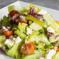 Greek Salad · small or large, romaine, cucumber, cherry tomato, feta, kalamata olive, red onion, bell pepp...