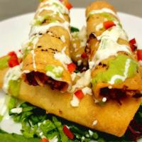 Ten - Pin Taquitos (4 Per Order) · Roasted pulled chicken, spicy salsa verde, Oaxaca / Monterey Jack cheese blend, pico de gall...
