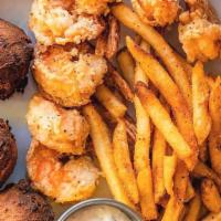 Fried Shrimp Platter · Fried jumbo shrimp, tartar sauce, hush puppies, spiced fries.
