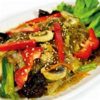 Japchae · Vegetarian. Stir-fried Yam Noodles with choice of beef or vegetables.