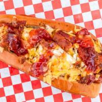 The Essential Worker Dawg · 1/4 lb all beef dog, fried egg, shredded cheese, bacon, grape or strawberry jam.