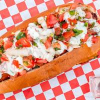 The Essay Dawg · 1/4 lb all beef dog topped with fresh pico De gallo, cilantro and lime sauce.