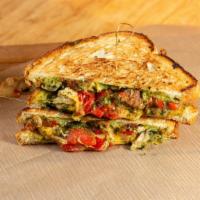 Grilled Chicken Pesto Panini · Sourdough bread, grilled chicken. Roasted red peppers, basil pesto and a blend of cheeses me...