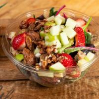 Apple And Pecan Candied Salad · Choice of greens, strawberries, apples, candied pecans, goat cheese and raspberry vinaigrette.