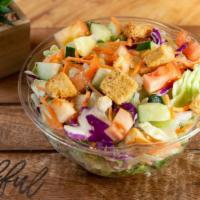 House Salad · Romaine, iceberg red cabbage, carrots, cucumbers, chopped tomatoes, croutons and house Itali...