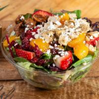 Strawberry Chicken Salad · Choice of greens, grilled chicken, strawberries, mandarin oranges, cranberries, pecans, goat...