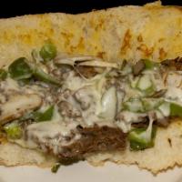 Philly Cheese Steak · Thinly sliced beef sirloin steak grilled with onions, green peppers, and mushrooms, topped w...