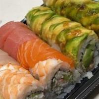 Rainbow Roll · Inside: Crab mix, Avocado, Cucumber | Toppings: Salmon, Tuna, Yellowtail, White tuna, Shrimp