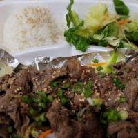 Bulgogi Combo · Korean style Marinated beef with caramelized onion. Includes: Bowl of Rice, miso soup and sm...