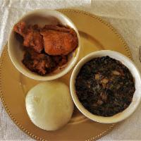 Efo-Riro & Fufu Combo · With choice of 2 pieces ofFish or Chicken or Turkey or Shaki or Ponmo
With Cow Beef or Goat ...