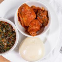 Efo Riro · Green Spinach tossed in tomato sauce served with Fufu and Meat.