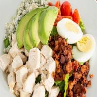 Cobb Salad · Fresh chopped romaine, egg, avocado, crispy diced bacon, oven roasted chicken, crumbled blue...