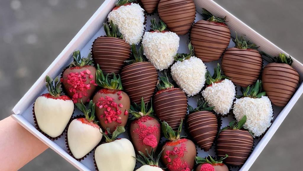 Luxury Chocolate Covered Strawberry Box  · Made with Gourmet chocolate & Hand decorated comes in Beautiful box.
