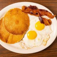 Pancake Breakfast · Two pancakes, two eggs, and bacon.