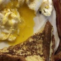French Toast Plate Breakfast · Two eggs and French toast with choice of bacon or sausage.