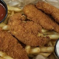 Chicken Strips · Half-pound of breaded chicken strips served with house seasoned fries and ranch.