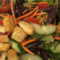 Heathen Greens · Vegan. Local spring mix with carrots, tomatoes, cucumbers, and house croutons tossed in bals...