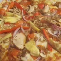 Forget About It! · Pepperoni, Italian sausage, artichoke hearts, red onion, mushrooms, bell peppers, mozzarella...