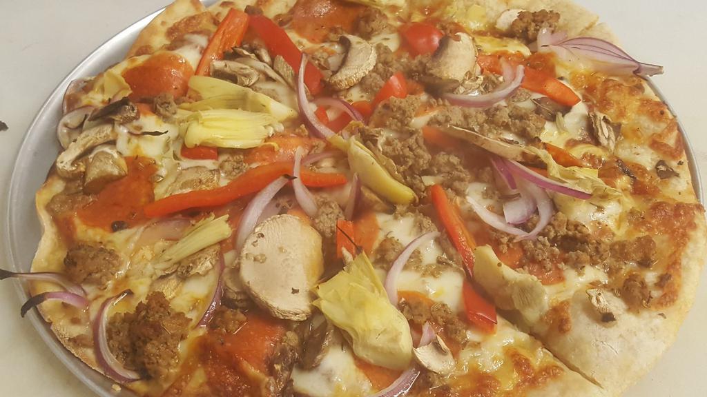 Forget About It! · Pepperoni, Italian sausage, artichoke hearts, red onion, mushrooms, bell peppers, mozzarella cheese, and marinara sauce.