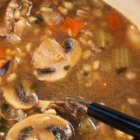 Mushroom Soup · Vegetarian Mushroom Soup with potatoes,  carrot, barley, onion, salt, pepper