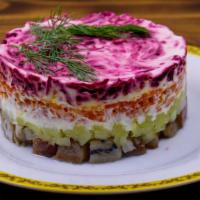 Shuba (Herring, Potato, Beats, Carrot, Onion, Eggs) · Russian herring salad is made of finely chopped pickled herring, eggs, beets, potatoes, carr...