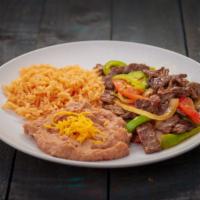 Steak Fajitas Plate · Grilled Steak with onions and bell Pepper. Served with rice and beans