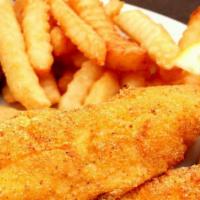 Fried Fish · Two Large Pieces of Hot and Delicious Fish,
Five Tasty Hush Puppies,
A Huge Helping of Frenc...