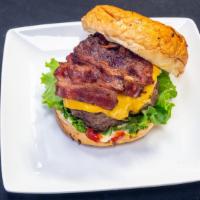 Bacon Cheeseburger · 10ozs. of ground chuck, beef bacon, lettuce, onion, tomato, pickles, mayo, ketchup, and must...