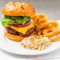 Cheeseburger · 10ozs. of fresh ground chuck, American cheese, lettuce, onion, tomato, pickles, mayo, ketchu...