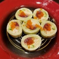 Ichiban Roll · Salmon, tuna, crab meat, avocado, and caviar rolled with thinly sliced cucumber. (Does not i...