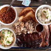 Meat Madness Platter · baby back ribs | pulled chicken | pulled pork | rib tips | brisket | your choice of three fa...