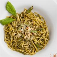 Linguine Al Pesto · Linguine pasta with string beans, pine nuts, and potatoes in a fresh basil sauce.