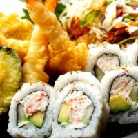 Tempura & California Roll Combo · 3 pieces shrimps,  6  veggie tempura and 6 pieces California roll   with  White  Rice ( BROW...