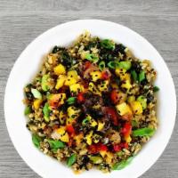 Ancient Grain Bowl · A mix of kale, quinoa, lentils, edamame, and brown rice tossed in teriyaki sauce. Topped wit...