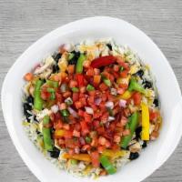 Fajita Chicken Bowl · Diced chicken breast, black beans, bell peppers, and converted rice layered together and top...