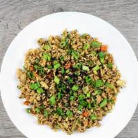 Kickin' Chicken Fried Rice Large · Diced chicken breast, scrambled whole eggs, brown rice, peas, chopped broccoli and carrots t...