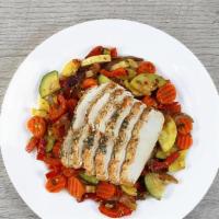 Fit Chicken · Baked chicken breast atop a bed of sautéed roasted squash, zucchini, carrots, bell peppers, ...
