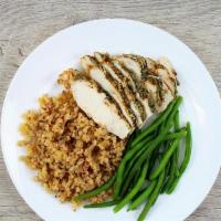 Simple Chicken · Sliced chicken breast served with a side of green beans and seasoned riced cauliflower. 

*I...