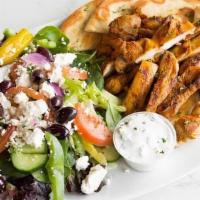 Chicken Gyro Plate · Marinated grilled chicken, char-grilled. Served with a side greek salad, pita bread and our ...