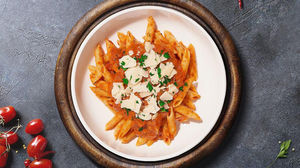 Pretty Penne Vodka · Fresh penne pasta in a creamy tomato sauce with a dash of vodka. Served with soup or salad.